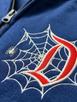 Blue fleece Spiderman Disneyland Hoodie with a hooded collar and full length zipper closure.