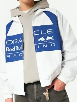 Rear view of white Oracle Red Bull Racing Graphic Jacket showcasing clean back seams and modern drape.