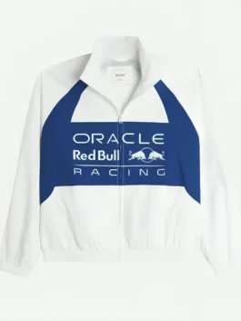 Front view of white Oracle Red Bull Racing Graphic Jacket displaying graphic artwork and front zip closure.