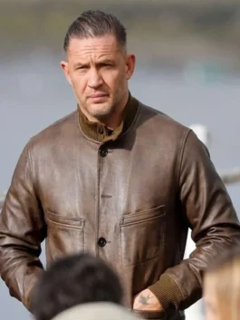 Mobland Tom Hardy Brown Leather Jacket Close-Up View