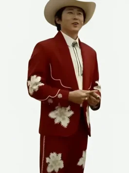 Red suiting fabric Nope Steven Yeun Red Suit blazer with a luxury shawl lapel collar and button closure.