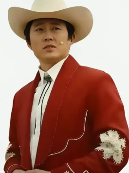 Full two-piece red suiting fabric Nope Steven Yeun Red Suit featuring matching tailored trousers.