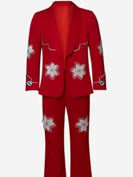 Front view of the red Nope Steven Yeun Red Suit displaying neat button fastening and smooth lapels.
