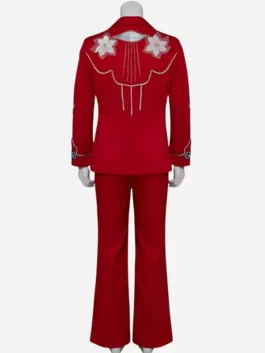 Rear view of the red suiting fabric Nope Steven Yeun Red Suit showing tailored back seams and clean fit.