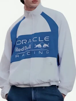 Full view of white polyester Oracle Red Bull Racing Graphic Jacket showing clean graphic panels and trim.