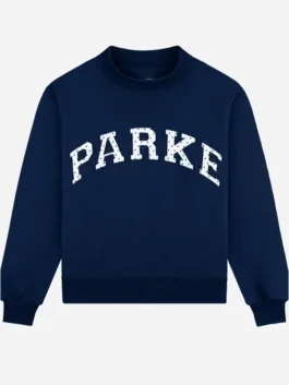 Navy blue fleece Parke Polka Dot Letter Varsity Sweatshirt with polka dot lettering and rib knitted cuffs.