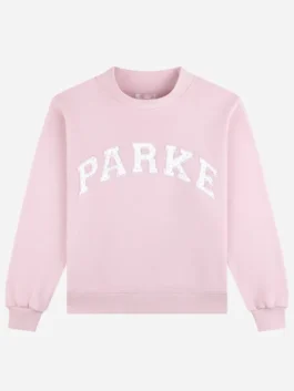 Pink fleece Parke Polka Dot Letter Varsity Sweatshirt displaying round neck collar and soft cuffs.