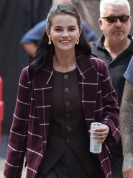 Selena Gomez Only Murders In the Building Burgundy Wool Coat Close-Up View