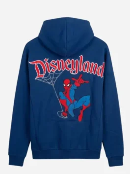 Back view of blue fleece Spiderman Disneyland Hoodie showing rib knitted cuffs and smooth back panels.
