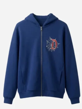 Full look of blue fleece Spiderman Disneyland Hoodie featuring rib knitted cuffs and zip front.