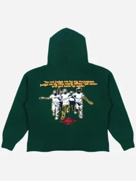 Back view of green fleece LL Cool J The Tonight Show Mandela Hoodie showing rib knitted cuffs and clean seams.