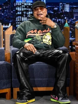Full look of green fleece LL Cool J The Tonight Show Mandela Hoodie featuring a soft hood and athletic drape.